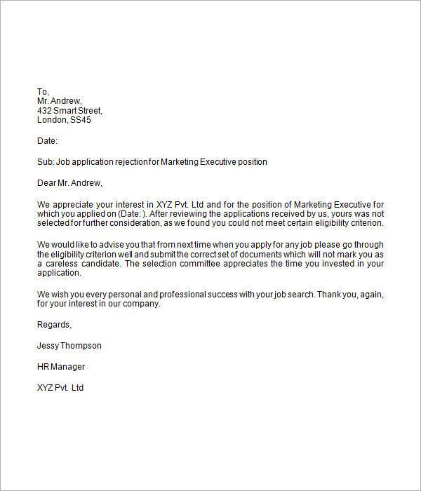 Job Rejection Letter Template