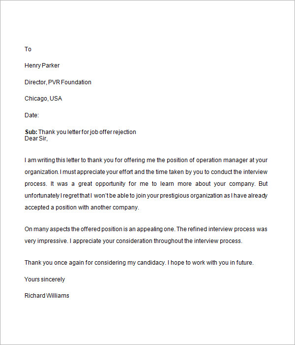 Job Rejection Letter 6 Free Doc Download