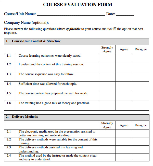 Printable Course Evaluation Form Template Printable Templates