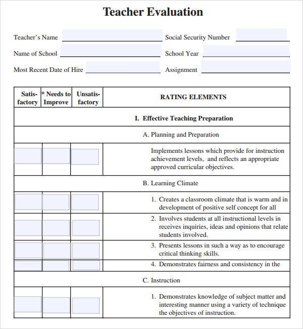 Sample Teacher Evaluation Form Template