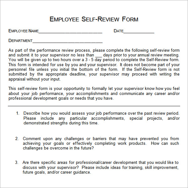 Sample Employee Self Evaluation Form 16 Free Documents In Word Pdf