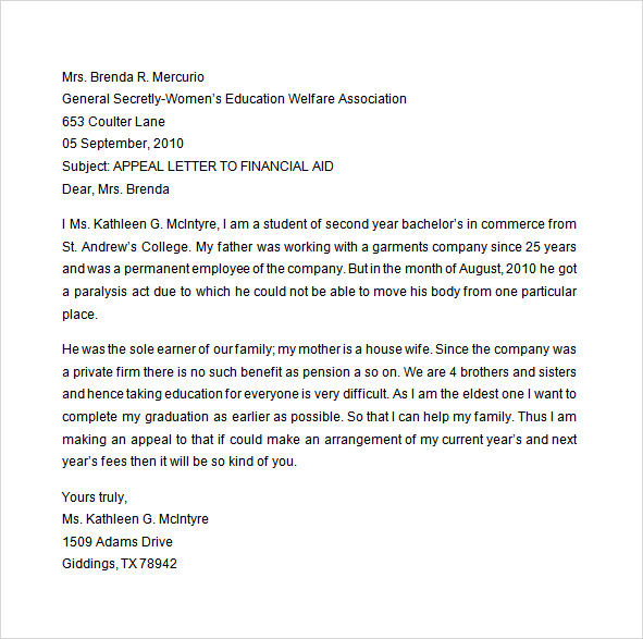 how to write an appeal letter for financial aid sample