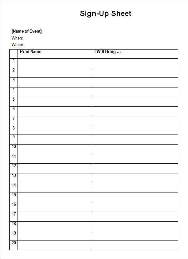 Sign Up Sheets Printable