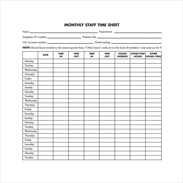 Monthly Staff Timesheet Template