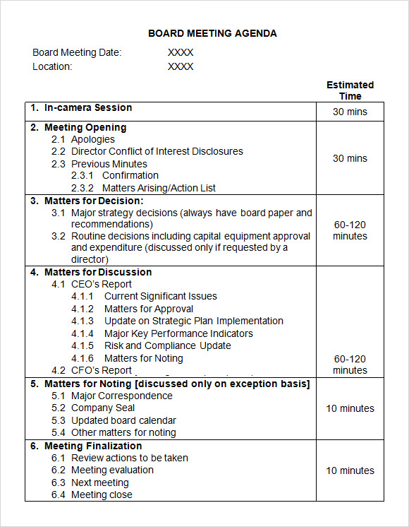 board of directors agenda template