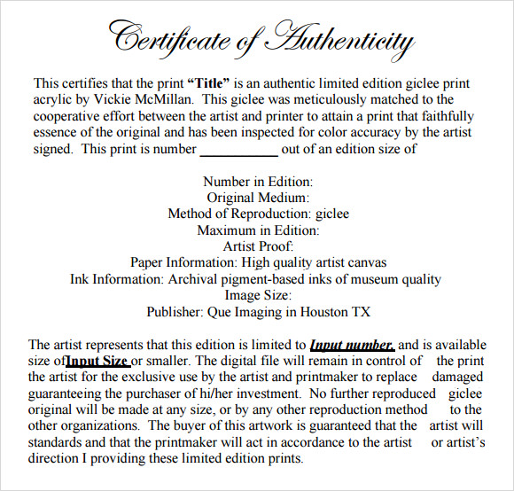 certificate of authenticity template photography docs