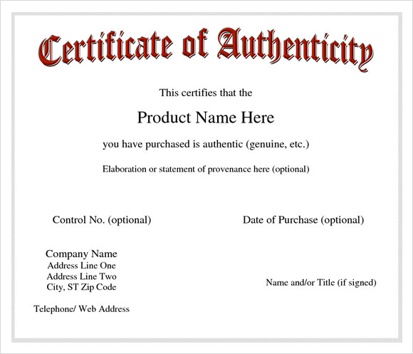 Certificate Of Authenticity Template