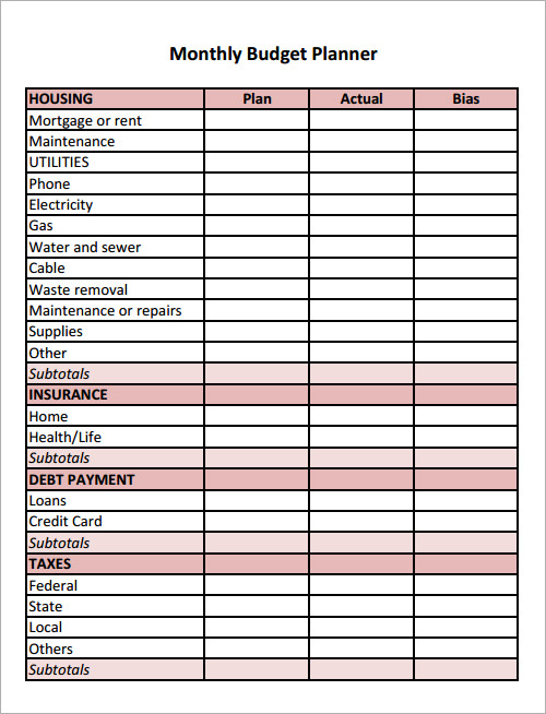 sample single person budget