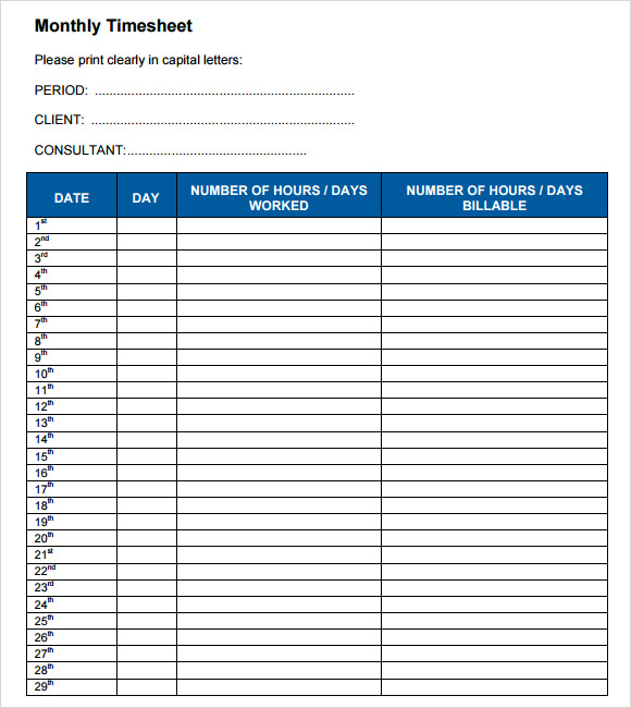Monthly Timesheet Template 9+ Free Download For PDF , Word Sample