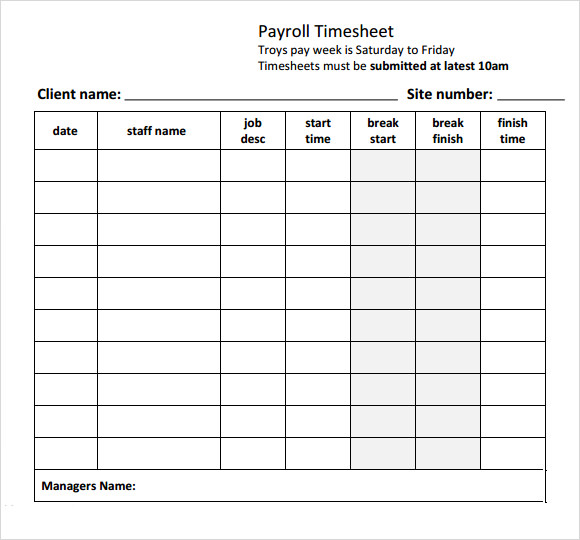 Payroll Timesheet Template 8 Free Download For Pdf Excel Sample