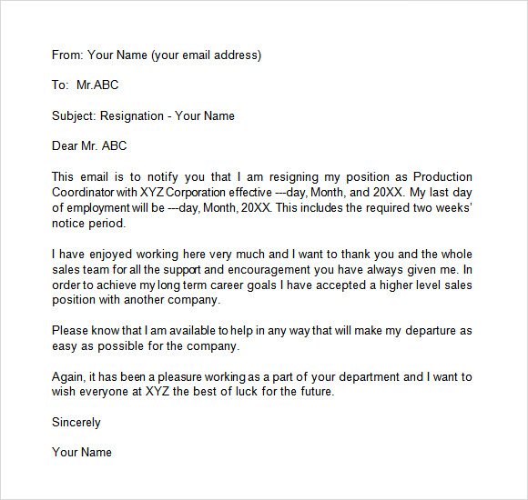 Resignation Email Template 6 Download Documents In Pdf Word