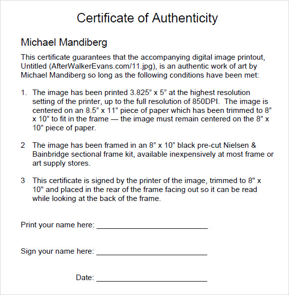 Sample Certificate of Authenticity Template 9+ Free Documents in PDF