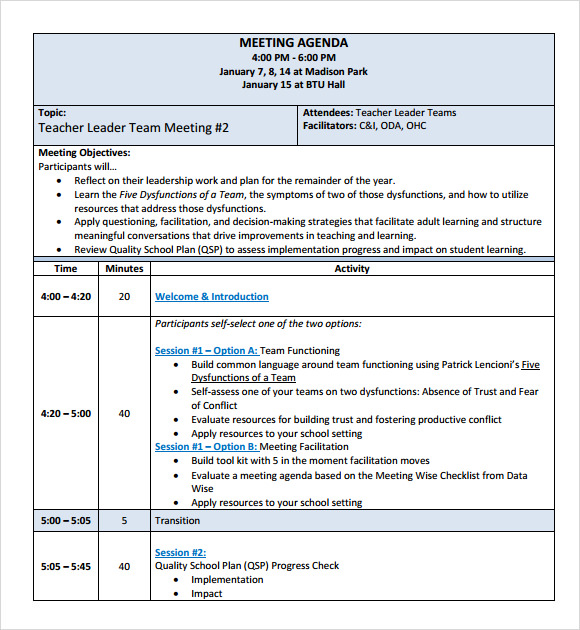 School Meeting Agenda Template