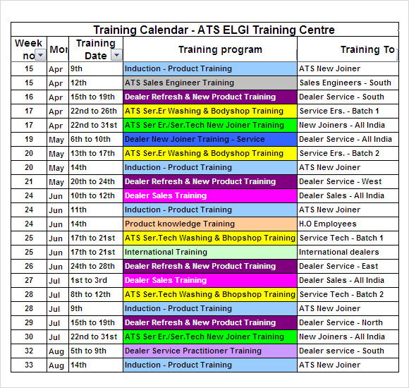 Training Calendar Template Excel