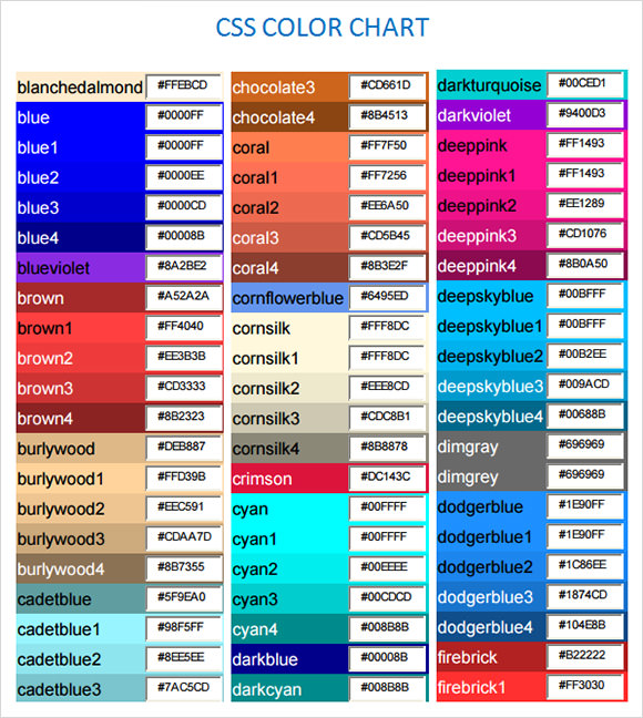 CSS Color Chart 7+ Free Samples , Examples & Format Sample Templates