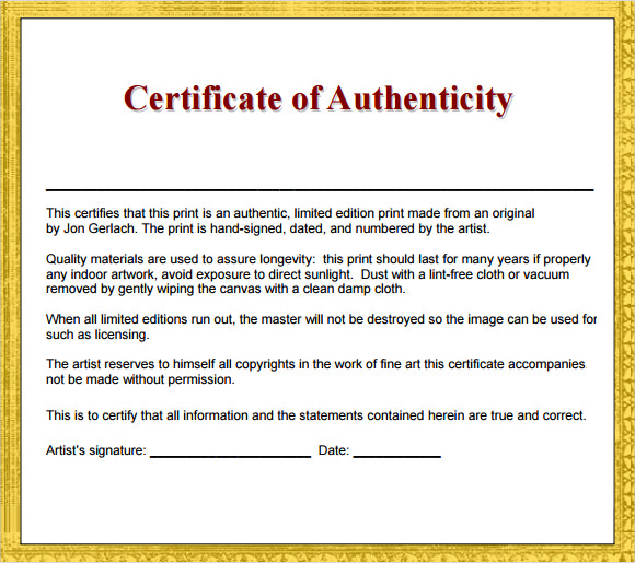 Sample Certificate Of Authenticity Template 9 Free Documents In PDF 