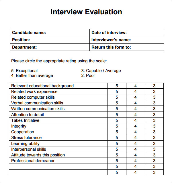 Free Interview Evaluation Samples In Pdf Ms Word