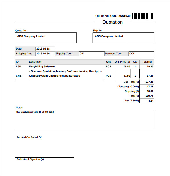 quotation template sample form