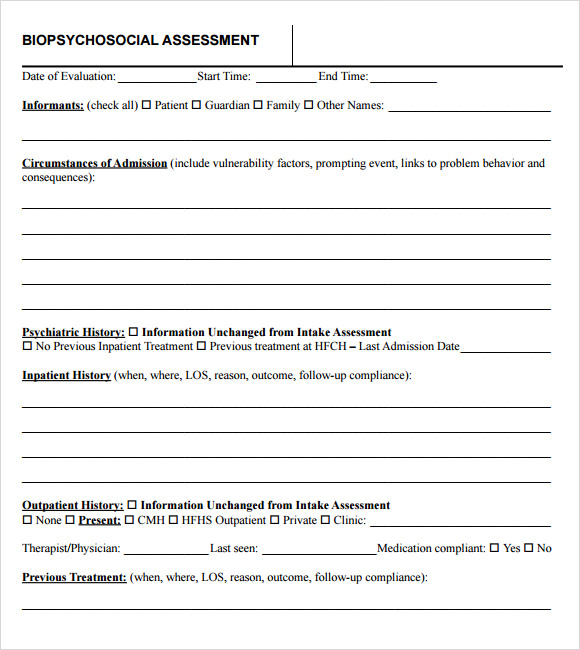 Biopsychosocial Assessment Template School Social Work