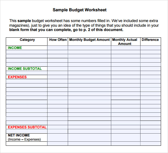 budget worksheet template