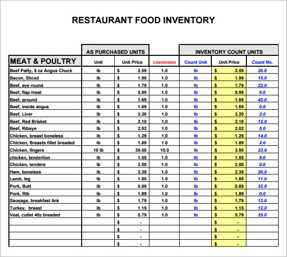 inventory list for restaurant