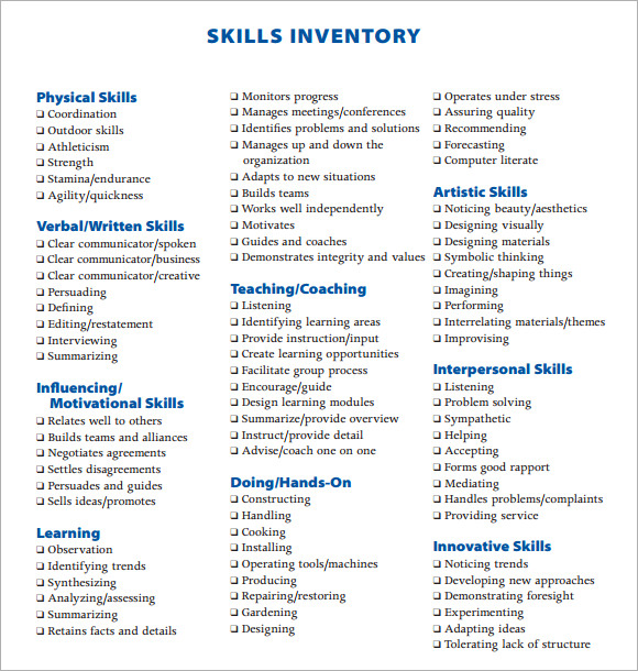 Sample Skills Inventory Template - 10+ Free Documents Download in PDF