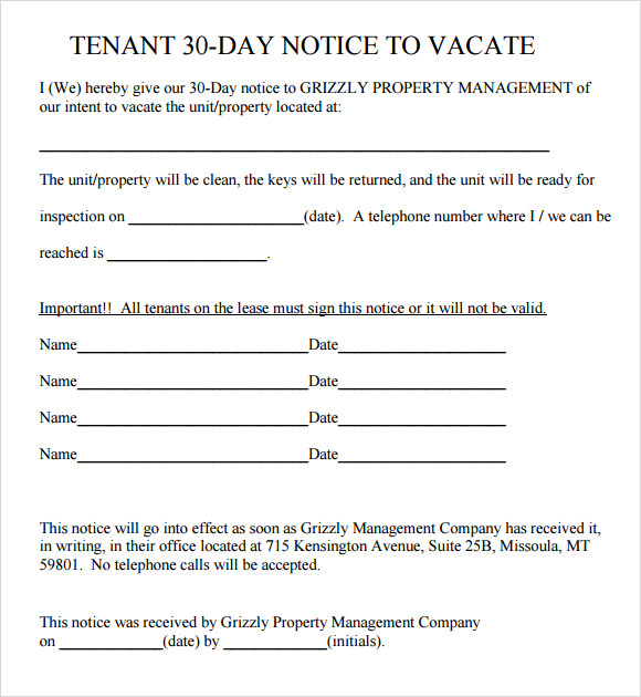 Printable 30 Day Notice To Landlord