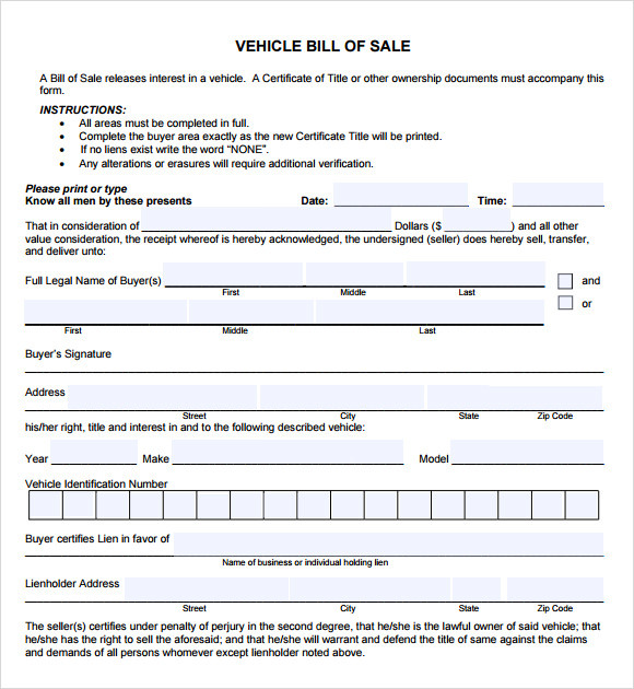 Free Bill Of Sale For Car Template