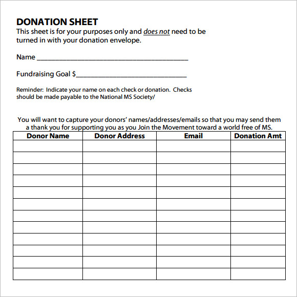 Donation Sheet Template 8 Free Samples Examples Format 8052