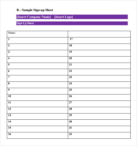 Sign Up Sheet Free Printable