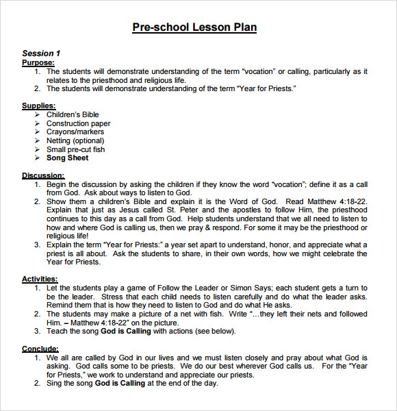 Sample Preschool Lesson Plan Template