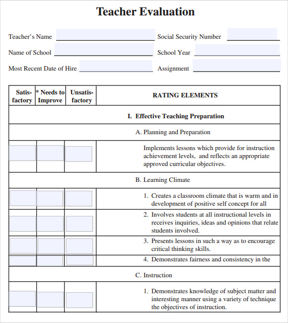 Teacher Evaluation Form 9 Free Samples Examples Format