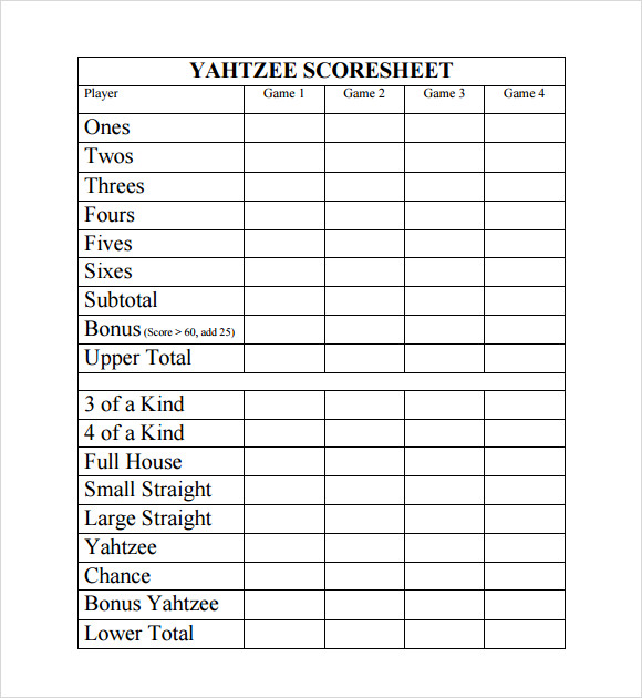 10 Sample Yahtzee Score Sheet Templates Pdf Word Excel Sample 3344