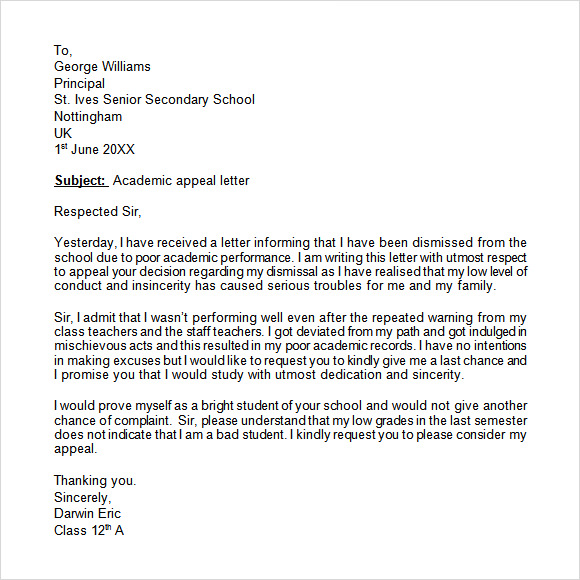 Letter of appeal sample for college