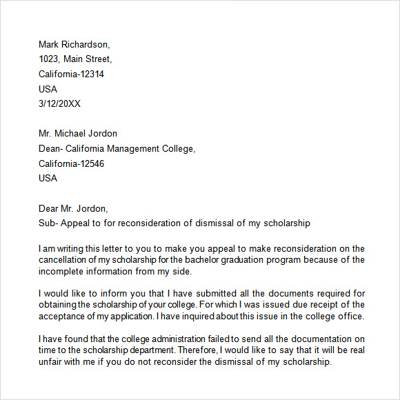 Sample Letter Of Academic Appeal