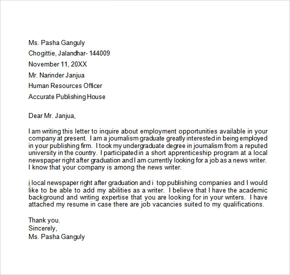 Cover letter for general job inquiry