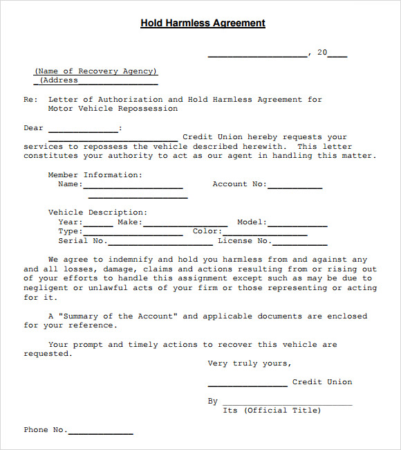 Hold Harmless Agreement 9 Free Samples Examples Format