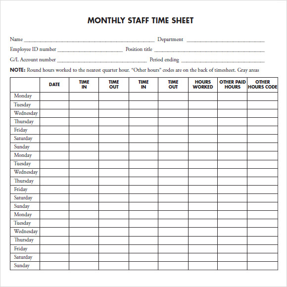 Free Printable Monthly Timesheet Template Printable Templates