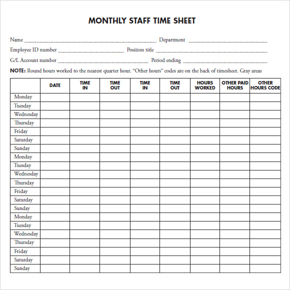 Monthly Timesheet Template Free Printable Free Printable Time Sheets