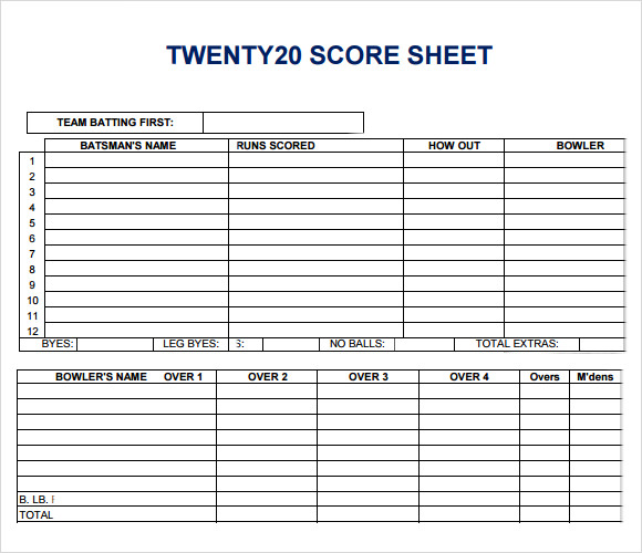 cricket score sheet printable