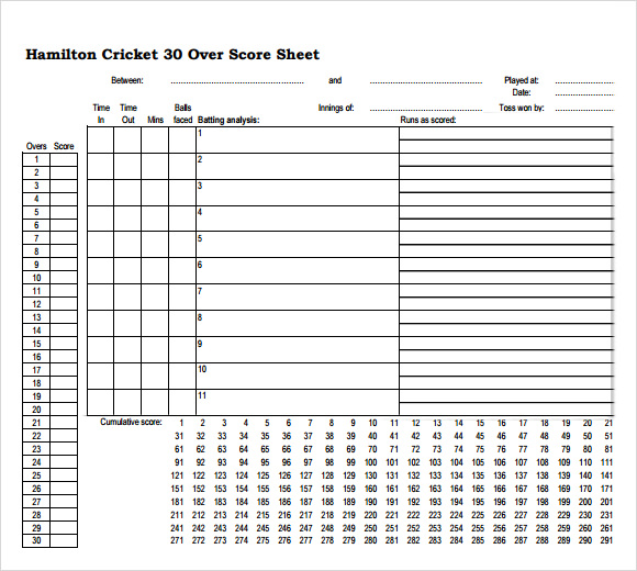 Junior pairs cricket score sheet