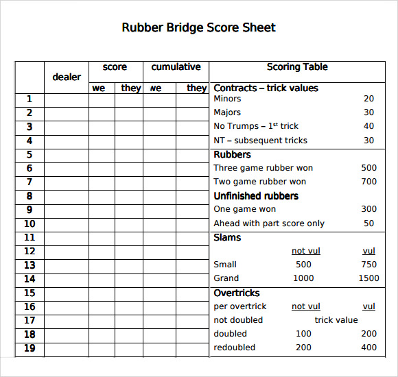 Sample Bridge Score Sheet 9+ Free Documents in PDF