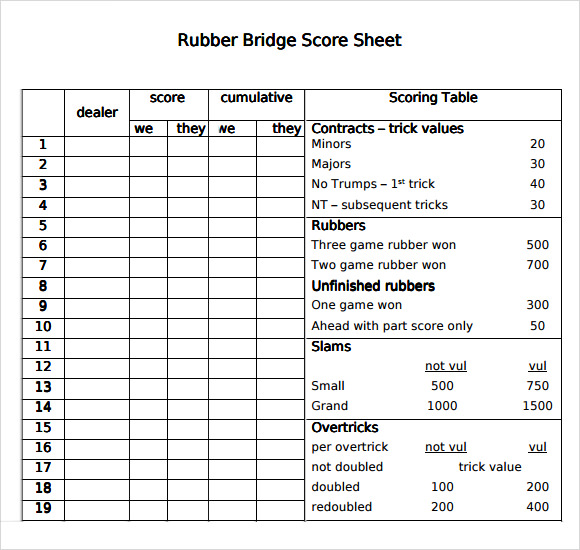 Contract Bridge Score Card Printable