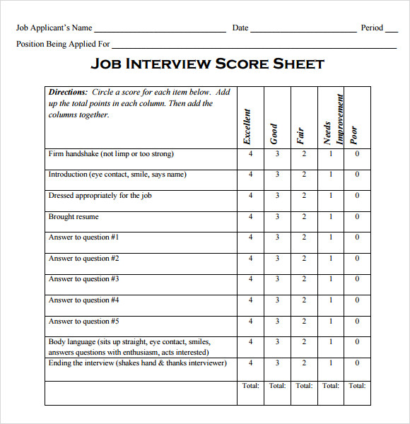 Free Interview Score Sheet Samples In Pdf Ms Word Excel Apple Pages