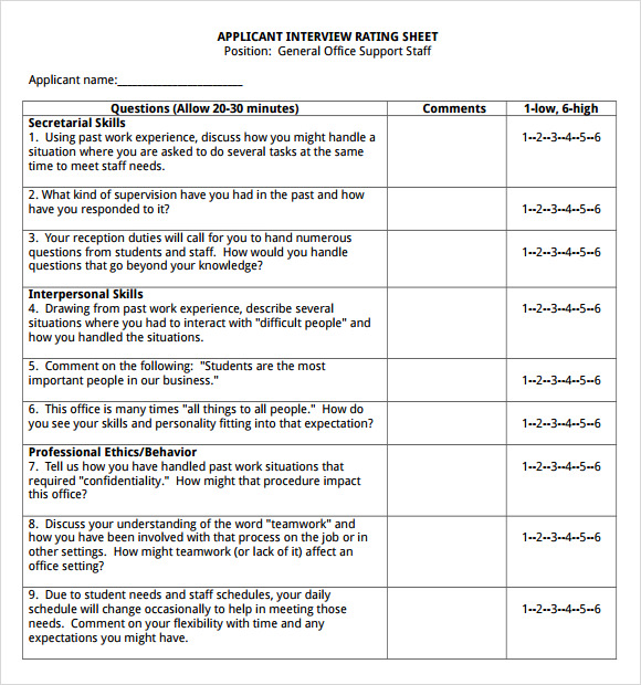 Sample Interview Score Sheet 9+ Free Documents in PDF