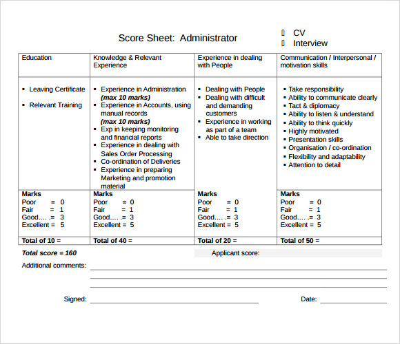 sample interview score sheet