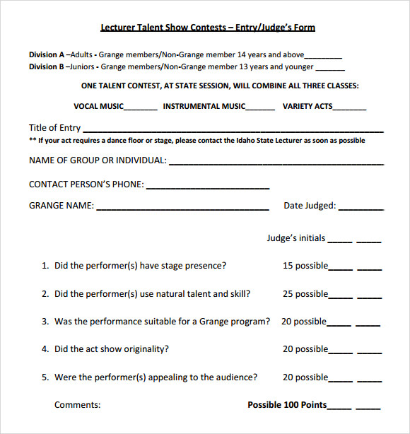 Sample Talent Show Score Sheet 9 Documents In PDF