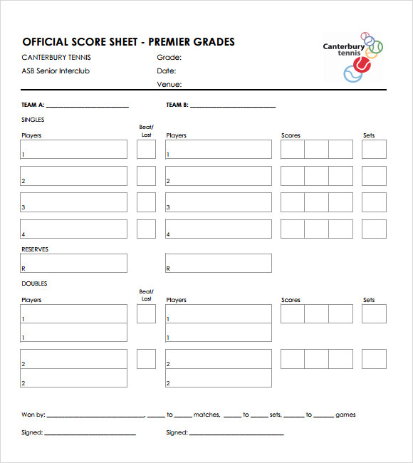 Sample Tennis Score Sheet 9+ Documents in PDF