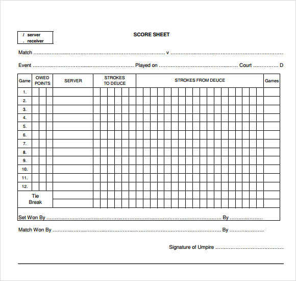 Sample Tennis Score Sheet 9+ Documents in PDF