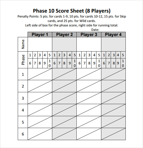 Phase 10 score card printable